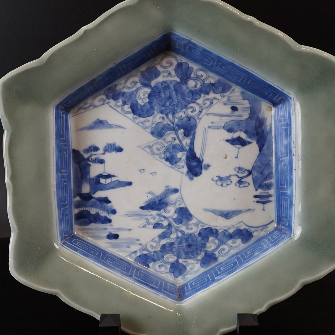 古伊万里 青磁染付六角皿