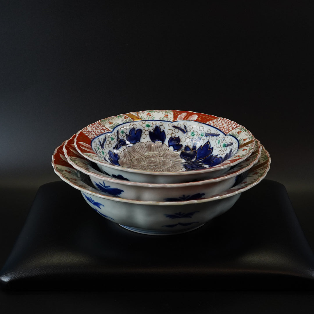 古伊万里 色絵牡丹文 八寸皿 三枚組