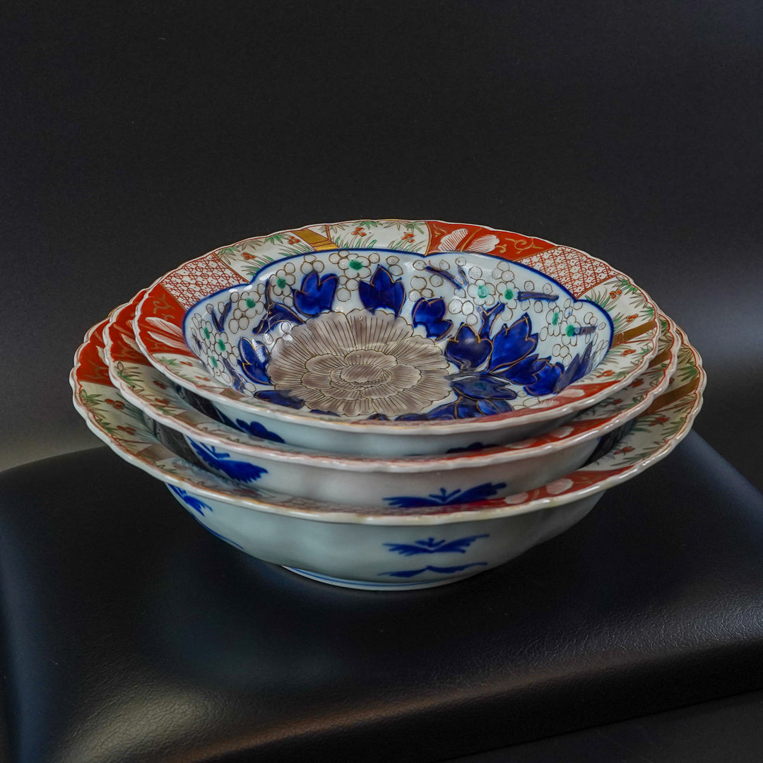 古伊万里 色絵牡丹文 八寸皿 三枚組