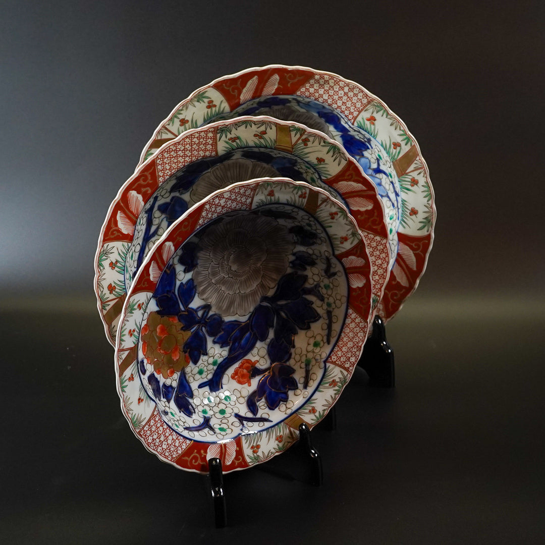 古伊万里 色絵牡丹文 八寸皿 三枚組
