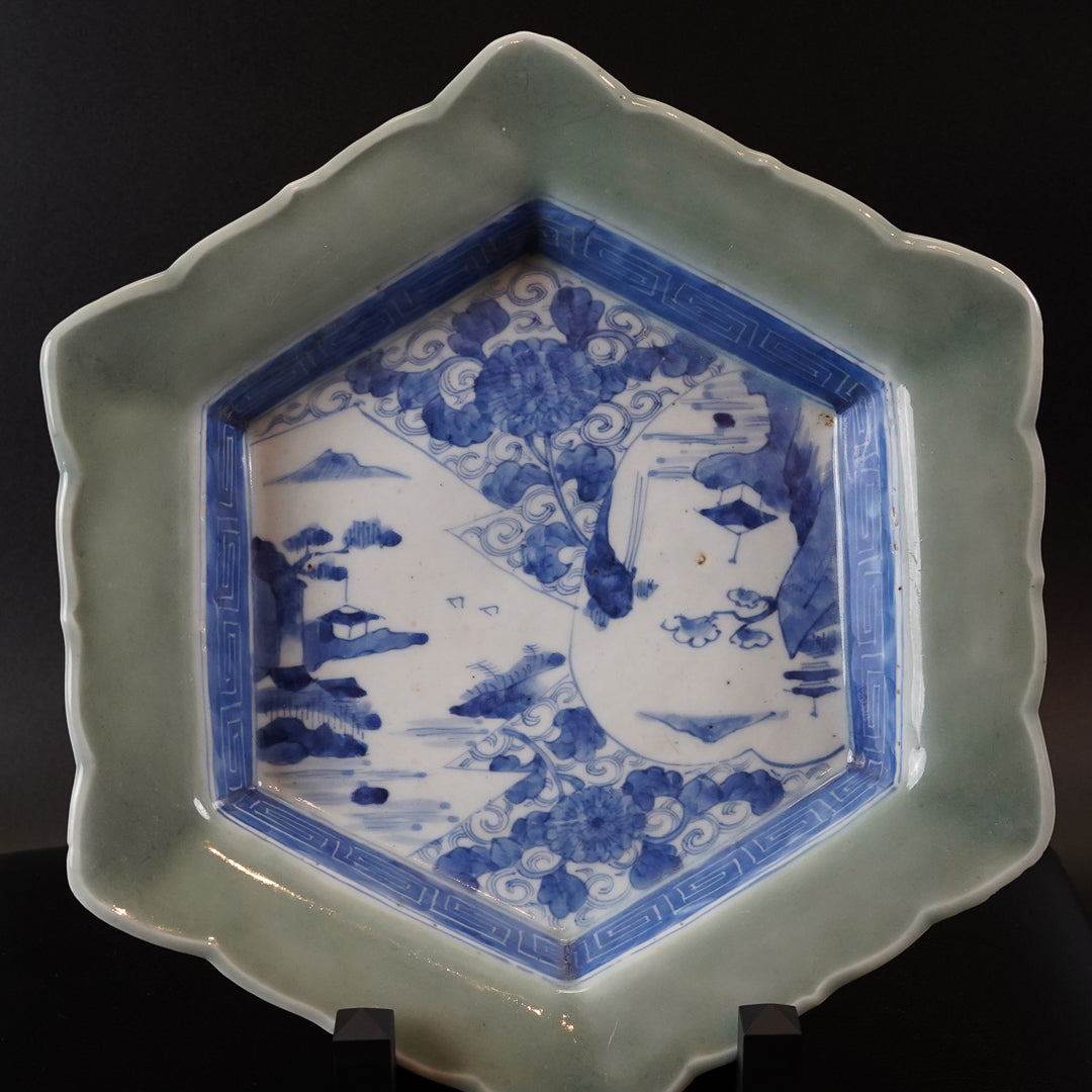 古伊万里 青磁染付六角皿